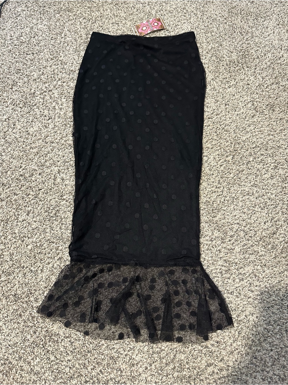 Boohoo Black Polka Dot Mesh Pencil Skirt with Ruffle Hem